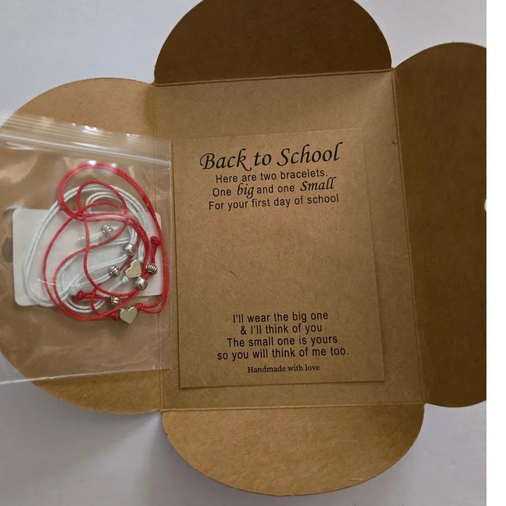 Back to School Heart Charm Cord Bracelet Set Red White Adjustable Parent Child